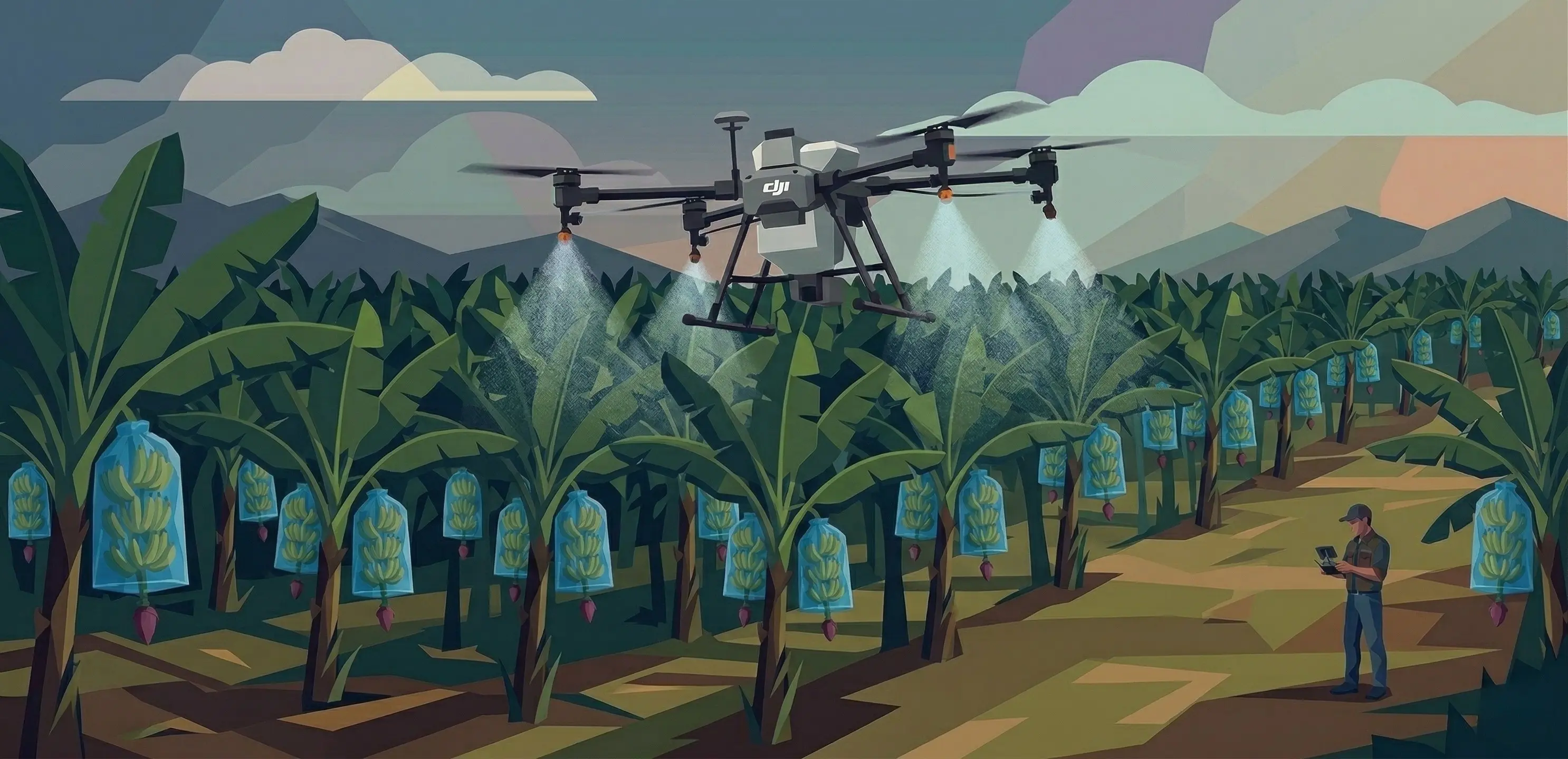 Dron agrícola ECOBIS fumigando plantación de banano
